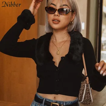 NIBBER jeseni solid black stretch Slim pletenje obreži zgoraj ženska Mehko krzno ovratnik design 2019 priložnostne visoko streett-shirt nadlak