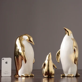 Nordijska keramični Zlato pingvin figurice družina tri Živali malih obrti Ustvarjalne okraski Dom Dekoracija dodatna Oprema
