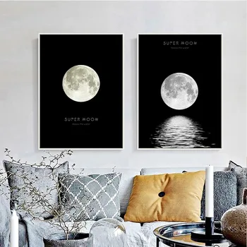 Nordijska Sodobno Dekoracijo Črno Bel Super Luna Plakatov in Fotografij Wall Art Platno Barvanje Slike Doma Dekor