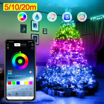 Nov Dom Okras Božično Drevo Luči Okrasni Niz Smart Bluetooth Aplikacijo Remote Control USB Lučka LED RGB Niz Svetlobe