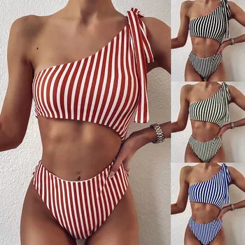 Nove Trakove Eno Ramo Bikini Komplet Ženske Čipke Visoko Pasu Kopalke Lady Kopalke Kopalk Swim Oblazinjeni Plažo Biquini