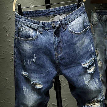 Novi Moški ' s Blue Hole biker Jeans Stretch denim Uničeno Raztrgala Modno Oblikovanje Gleženj Hlače Zadrgo Skinny Jeans Za Moške, Velikost 36