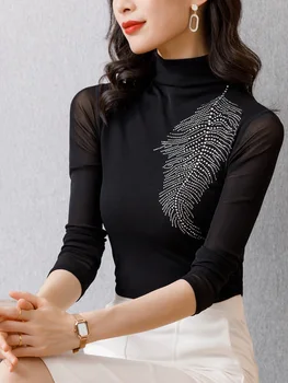 Novo leto 2020 Jeseni ženska tshirts modni Črno Turtleneck dolgo sleeved vroče-izvrtane očesa dno majica Plus velikost ženske oblačila