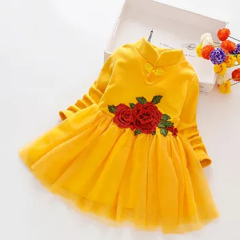 Novo Pomlad Baby Girl Oblačenja 1-6T Moda Malčka Otrok Dekle Cvet Vezenje Dolg Rokav Grenadine Mozaik Princesa Obleko