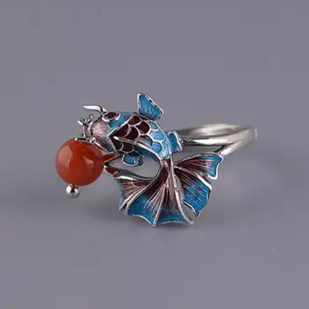 Novo srebro Kitajski nacionalni slog emajl barva Koi majhnih rib retro elegantno čar Južna Rdeča Kroglica Tassel ženske prstan nastavljiv