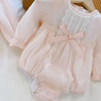 Novorojenček lepa princesa rojstni dan dolg rokav patchowork igralne obleke čipke lok trakovi bodysuits malčka dojenčke in otroke, otroška 0-24M