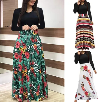 Obleke Za Ženske Priložnostne Moda Za Ženske, Dolg Rokav Cvjetnim Tiskanja Dolgo Maxi Obleko Dame Plus Velikost Oblačila Tallas Grandes Mujer