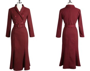 OL Slog Vina Rdeče Ženske Obleko Elegantno Dvojno Zapenjanje Sashes Ženski Vestidos 2021 Spomladi Proti-vrat Mid-dolžina Poslovnih Nositi Obleko