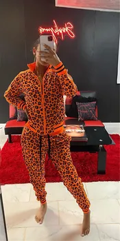 Oranžna Leopard Tiskanja Trenirka Ženske Oblačila Ujemanja Nizov Salon Nositi Dva Kosa iz Vrhu in Hlače Joggers Priložnostne Znoj Obleke