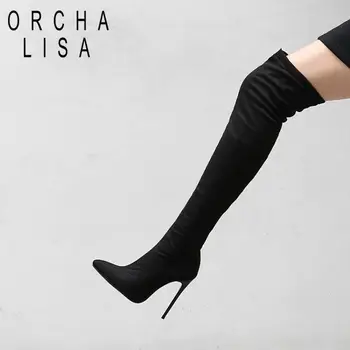 ORCHA LISA Zimski čevlji ženske stilettos visoke pete Nad kolena čevlji Konicami prstov raztegne Zadrga Stegno visoko škorenjčki NAS 13 15