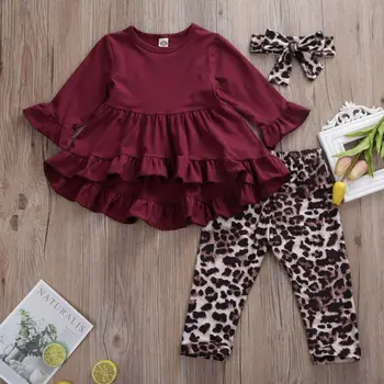 Otroci Baby Dekleta Ruffle Vrhovi Obleko+Leopard Hlače, Dokolenke Obleke 2pcs Malčka Otrok Dolg rokav jesenski Oblačila