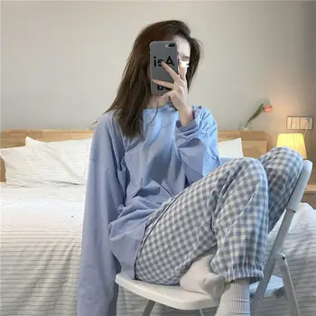 Pijamas Ženske Bombaž Doma Obleko Loungewear Kariran Hlače Pijamas Femme Spavaćica Ženske Pižame Bo Ustrezala Korejski Pjs Set