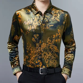 Plus Velikost Stretch Žamet Mens Majice Poletne Rože Srajce Za Moške Zelenega Zlata Jesen Bluzo Velur Mens Oblačila 2020 Dolgo Slee