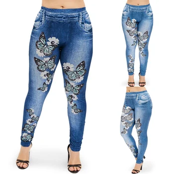 Plus Velikost Ženske Skinny Jeans Hlače Elastični Pas Metulj Natisnjeni Dolgo Svinčnik Hlače Modni Priložnostne Dame Hlače D30