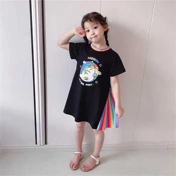 Poletje 2020 Novega Otroka Otroci Kratka sleeved Obleke za Dekleta Risanka Samorog Tiskanja Mavrica Šifon A-line Oblačenja