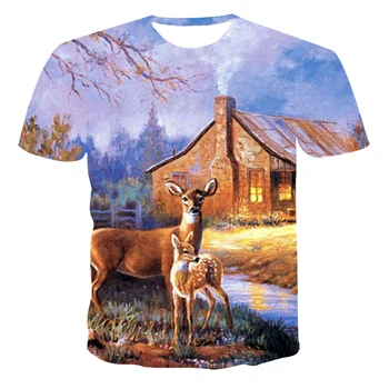 Poletje 3D Nove Srčkan Živali Jelena Natisni T-Shirt Modnih Oblačil, O-Vrat Udobno Tee Velikosti 110-6 XL (Prilagodljiv)