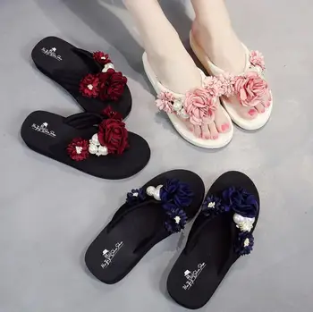 Poletje ženske čevlje klin sandale klini ročno izdelane rože pearl okrasnih debelo dno copate plaži sandali C0178