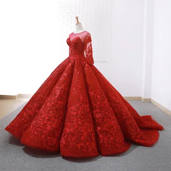 Poročna Obleka 2020 Nove Luksuzne Rdeče Nevesta Obleko Poln Rokav Sodišče Vlak Čipke Žogo Obleke Princess Klasičnih Vestido De Noiva