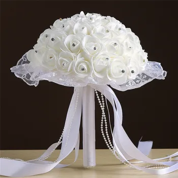 Poročne poroko traku beaded holding cvetlični peno, simulacije cvet bele vrtnice šopek multicolor