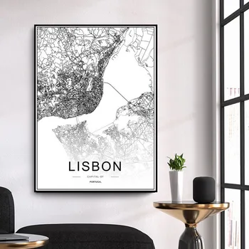 Portugalska Lizbona City Zemljevid Črne in Bele Povzetek Plakat Sodobne Umetnosti Tiskanja Dekorativne Platno Slikarstvo Dnevna Soba Umetnine
