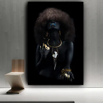 Povzetek Zlato Seksi Dekle Črnih Afriških Ženska Oljna slika na Platnu Plakatov in Fotografij Cuadros Wall Art Slike Za dnevno Sobo