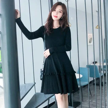 Pozimi letnik Ruffle knited obleka ženske priložnostne A-slim line stranke obleke z dolgimi rokavi elegantna korejski sladko femal torto obleke