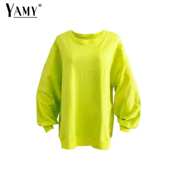 Prevelik pulover s kapuco obleko majica ženske neon hoodie prevelik sweatshirts svoboden hoodies ženske neon zeleni vrh japonski ulične