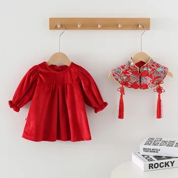 Princesa Dekleta Nove Let Obleka Rdeče Barve Plus Žamet Toplo Otroška Zimska Oblačila Kitajski Slog Tassel Prvi Rojstni Dan Kostum