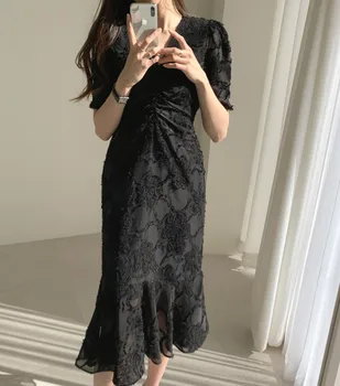 Proti-Vrat Eleganten Pas-Nadzorovano Hujšanje Obleka Ženske 2020 Poletje Vitko Korejski Ins Elegantno Ruffles Kratka Sleeved Dolgo Obleko