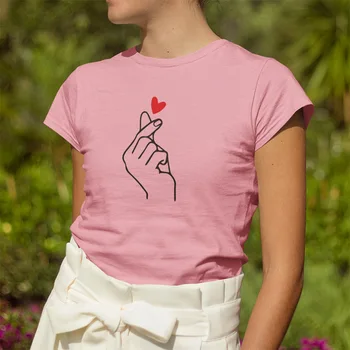 Prst Srce Majica lepo Poletje Ženske Gesta Ljubezni, Grafika, Tiskanje Kratek Rokav Vrhovi Bombaž Lepo Dekle T-Shirt