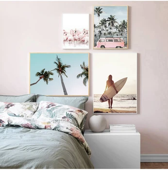 Roza Plaži Flamingo Palme Desko Wall Art Platno Slikarstvo Nordijska Plakatov In Fotografij Stenske Slike Za Dnevna Soba Dekor
