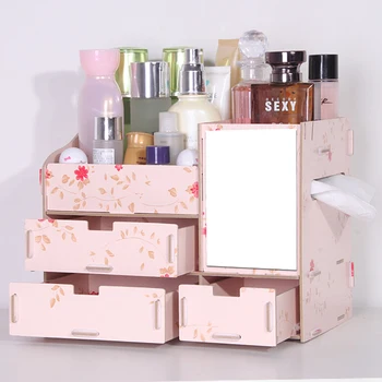 RSCHEF Lesena škatla za shranjevanje kozmetike s ogledalo jutranje polje shranjevanje rack ličila organizator organizador de maquillaje