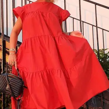 Ruched Kratek Rokav Svoboden Midi Obleka Rdeče Barve, okoli Vratu Priložnostne Obleko Poletje ženska Oblačila