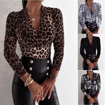 Seksi Globoko V-neck Leopard Print Majica Ženske Slim Dolgimi Rokavi Pulover Bluzo Tiger Zvezdnato Nebo Pismo Gospe Urad Oblačila Vrhovi