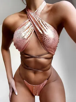 Sijoče Snakeprint Bikini Ženske Mikro Kopalke Povoj Zaviti Kopalke Strune Kopalke Biquini Seksi Bikini String Tangice Bikini