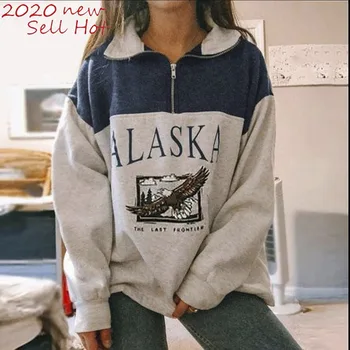 SUHE Vintage Moda za Ženske Bombaž Stojalo Ovratnikom, Zadrgo Aljaske Pismo Tiskanje Dolg Rokav Priložnostne Svoboden Majica 2020 Vroče