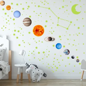Svetlobna Stenske Nalepke Solarni Sistem Devet Planetov, otroška Soba Dekoracijo Doma Zvezde in Luna Fluorescentna Nalepka 525pcs
