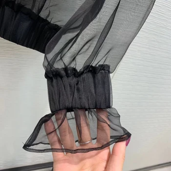 Svila rokavi ženske vrhovi 2020 nove vzletno-pristajalne steze design vidi skozi hooded čipke lok gumbi, črne seksi ženske bluze srajce chic