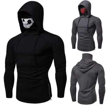 T-shirt Moški Stretch Fitnes Človek Ninja Long Sleeve Hooded T-shirt Lobanje Masko