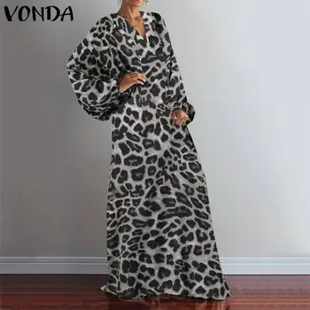 Tam kaftan Obleko Leopard Tiskana Obleka Ženske z Dolgimi Rokavi, Dolge Maxi Sundress 2021 VONDA Priložnostne Letnik Plus Velikost Vestido Haljo Femme