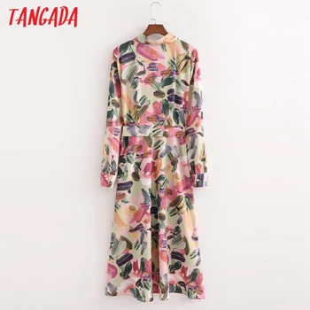 Tangada 2021 Pomladni Vintage Moda za Ženske Print Majica Obleko z Dolgimi Rokavi Urad Ženske Midi Obleko s Poševnico 1D81