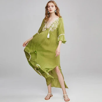 TEELYNN zeleno tuniko obleke, ženske vestidos letnik vezenino v vratu flare rokav tassel poletje obleko plaži maxi obleke