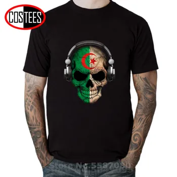 Temno Lobanje Deejay z Alžirski Flag majica s kratkimi rokavi moški Alžirski DJ Okostje T-shirt Alžirija Zemljevid Tee shirt Patriotske Državi Ljubimec Tee