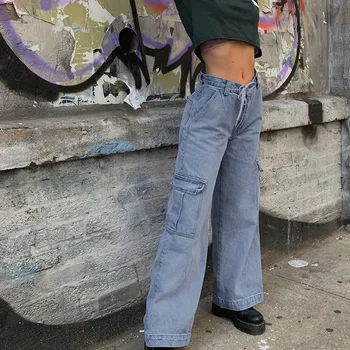 Trendy 2020 Žensk Visok Pas, Jeans High Street Multi-žepi Denim Širok Noge Hlače Priložnostne Svoboden Naravnost Hlače Pantalon Femme