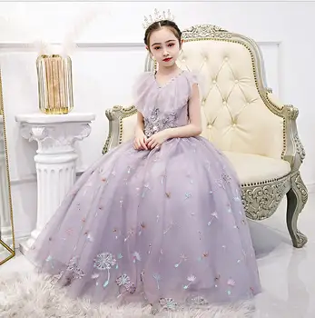 Vijolična Til Princesa Obleko za Dekle svate Žogo Obleke Bleščica Čipke Dolgo Prom Oblačenja Malčka Otroci Formalno Rojstni dan Vestidos