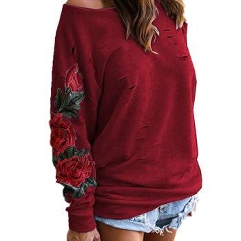 Vintage Cvetlični Rose Vezene Hoodie Poleron Mujer 2021 5xl Plus Velikost Ženske Rami Majica Raztrgala Hoodie Puloverju