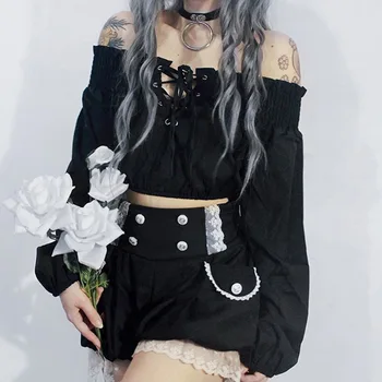Vintage Grunge Gothic majica s kratkimi rokavi Ženske Oblačila Harajuku Odrezana Votlih Iz Naguban T-majice Jeseni Ženski Trak Puff Rokav Punk