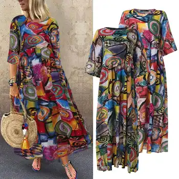Vintage Natisnjeni Maxi Obleka Ženske Poletje Sundress ZANZEA 2021 Priložnostne 3/4 Rokav Tunika Vestidos Ženski Naguban Plašč Plus Velikost
