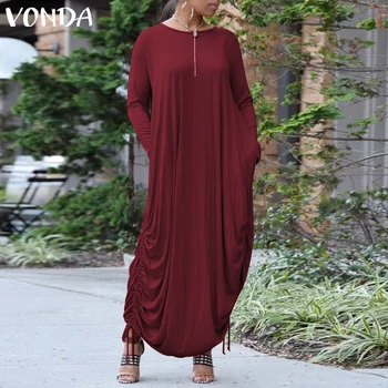 VONDA Plus Velikost Ženske obleke 2021 Jeseni Priložnostne O Vratu Long Sleeve Solid Color Maxi Obleke Bohemain Stranka Vestidos Femme 5XL