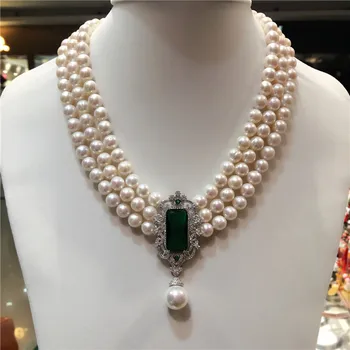 Vroče prodajajo nove 8-9 mm naravnih belih sladkovodnih biserov multi-layer ogrlica cirkon dodatki modni nakit